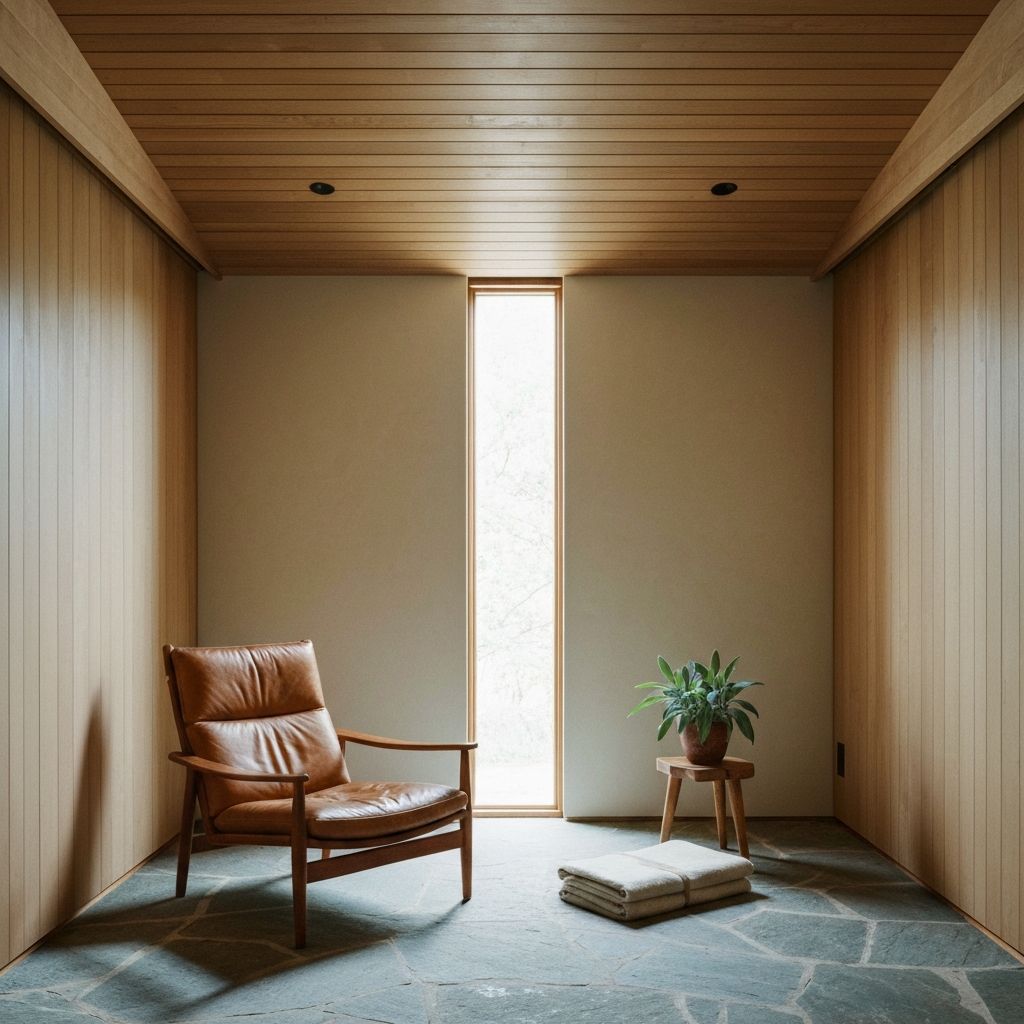 A warmly-lit sanctuary room with leather, dark wood, and natural light